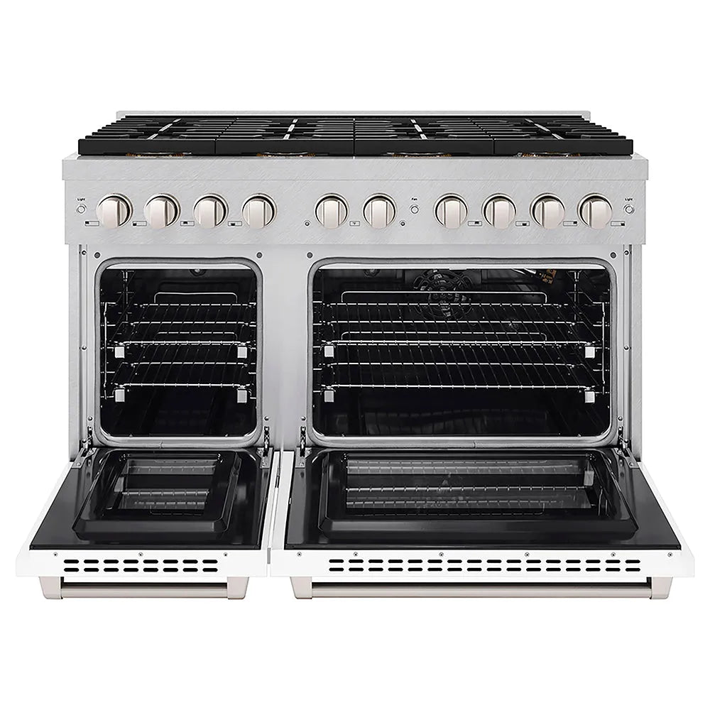 ZLINE 48 in. 6.7 cu. ft. Paramount Gas Range with 8 Burner DuoPro™ Cooktop and Dual Ovens in Satin Stainless Steel with White Matte Doors (PSGRS-WM-48) front, oven open.