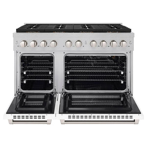 ZLINE 48 in. 6.7 cu. ft. Paramount Gas Range with 8 Burner DuoPro™ Cooktop and Dual Ovens in Satin Stainless Steel with White Matte Doors (PSGRS-WM-48) front, oven open.