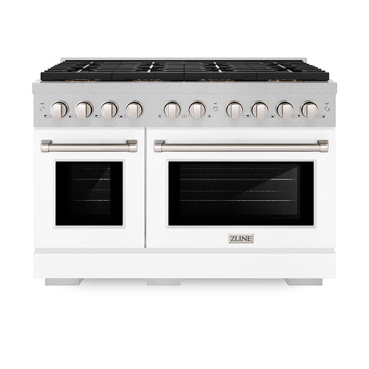 ZLINE 48 in. 6.7 cu. ft. Paramount Gas Range with 8 Burner DuoPro™ Cooktop and Dual Ovens in Satin Stainless Steel with White Matte Doors (PSGRS-WM-48) front.