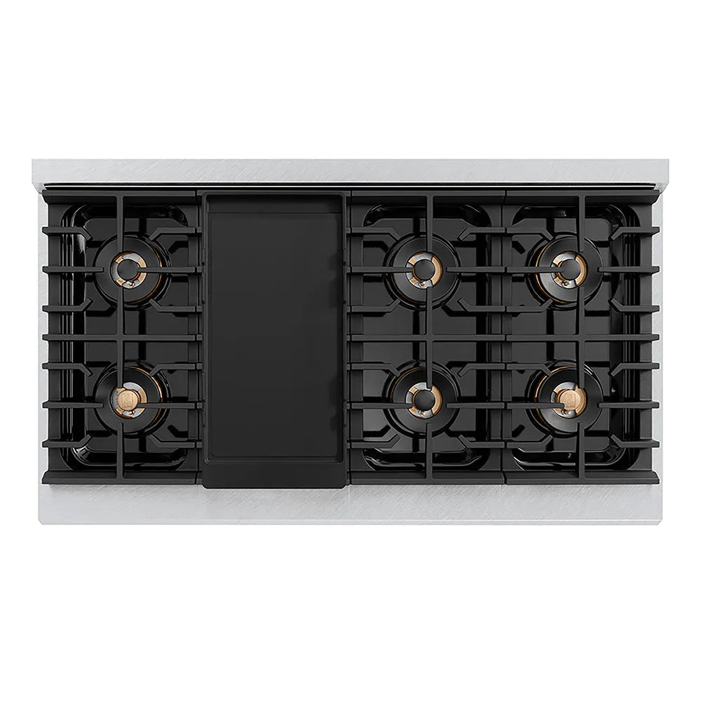 ZLINE 48 in. 6.7 cu. ft. Paramount Gas Range with 8 Burner DuoPro™ Cooktop and Dual Ovens in Satin Stainless Steel with White Matte Doors (PSGRS-WM-48) top-down, above cooktop.