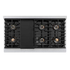 ZLINE 48 in. 6.7 cu. ft. Paramount Gas Range with 8 Burner DuoPro™ Cooktop and Dual Ovens in Satin Stainless Steel with White Matte Doors (PSGRS-WM-48) top-down, above cooktop.