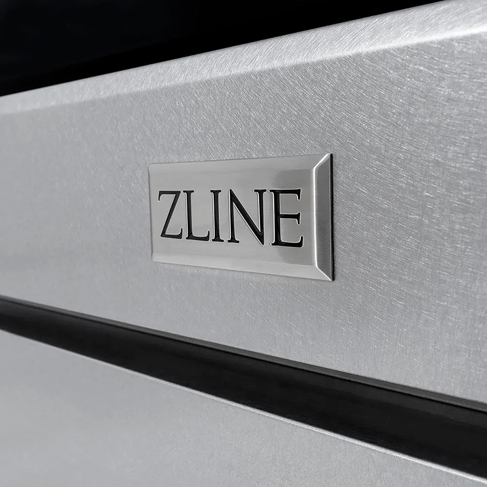 ZLINE Autograph Edition 30 in. 4.2 cu. ft. Paramount Gas Range with 4 Burner DuoPro™ Cooktop and Convection Gas Oven in Satin Stainless Steel and Champagne Bronze Accents (PSGRSZ-30-CB) ZLINE logo badge on satin finish.