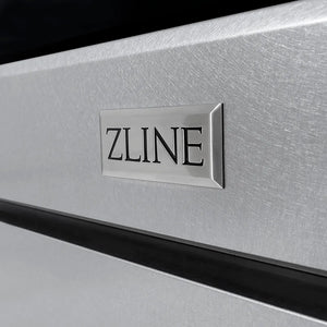ZLINE Autograph Edition 30 in. 4.2 cu. ft. Paramount Gas Range with 4 Burner DuoPro™ Cooktop and Convection Gas Oven in Satin Stainless Steel and Champagne Bronze Accents (PSGRSZ-30-CB) ZLINE logo badge on satin finish.