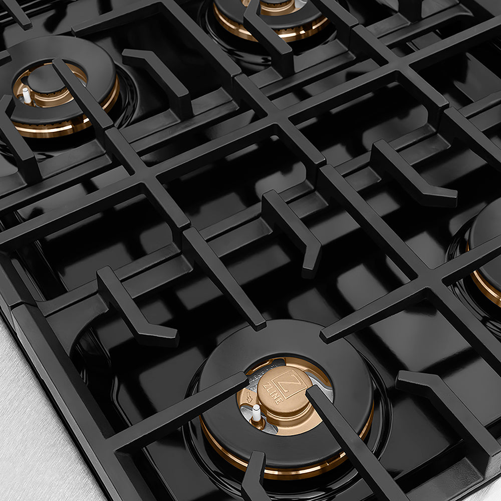 ZLINE Autograph Edition 30 in. 4.2 cu. ft. Paramount Gas Range with 4 Burner DuoPro™ Cooktop and Convection Gas Oven in Satin Stainless Steel and Champagne Bronze Accents (PSGRSZ-30-CB) DuoPro™ burner spread and grates.