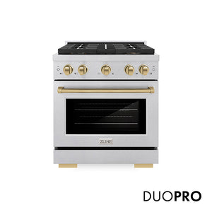 ZLINE Autograph Edition 30 in. 4.2 cu. ft. Paramount Gas Range with 4 Burner DuoPro™ Cooktop and Convection Gas Oven in Satin Stainless Steel and Champagne Bronze Accents (PSGRSZ-30-CB) front, with DuoPro™ logo.