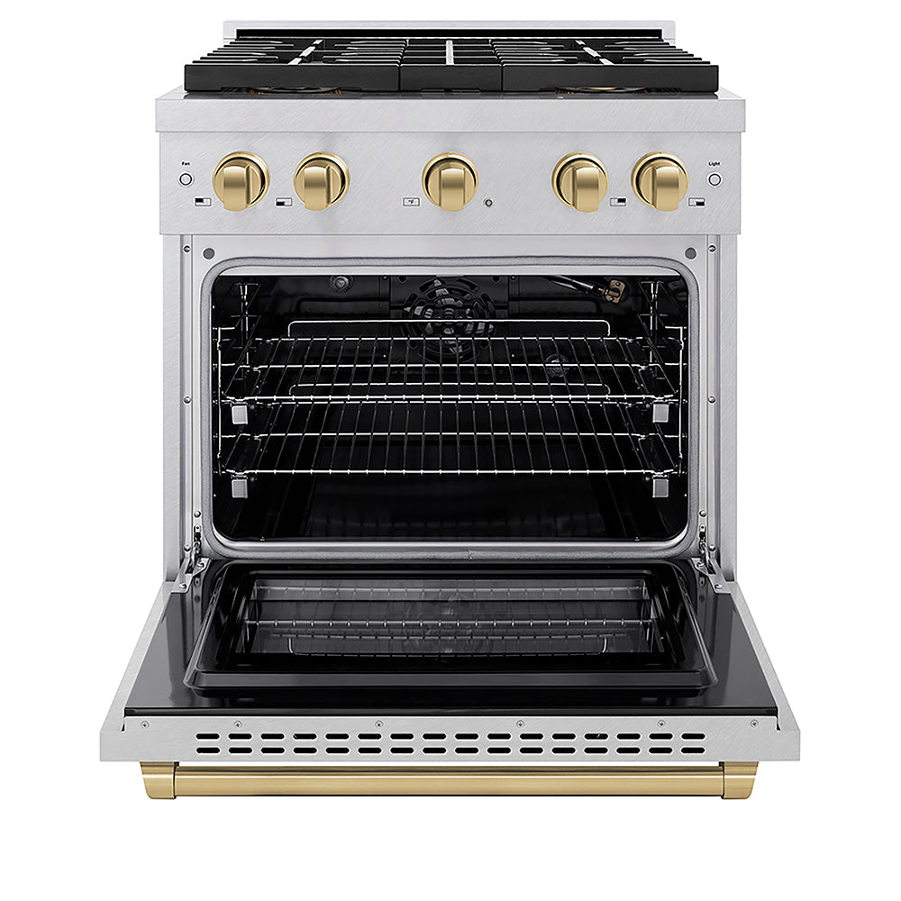 ZLINE Autograph Edition 30 in. 4.2 cu. ft. Paramount Gas Range with 4 Burner DuoPro™ Cooktop and Convection Gas Oven in Satin Stainless Steel and Champagne Bronze Accents (PSGRSZ-30-CB) front, oven open.
