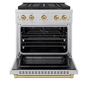 ZLINE Autograph Edition 30 in. 4.2 cu. ft. Paramount Gas Range with 4 Burner DuoPro™ Cooktop and Convection Gas Oven in Satin Stainless Steel and Champagne Bronze Accents (PSGRSZ-30-CB) front, oven open.