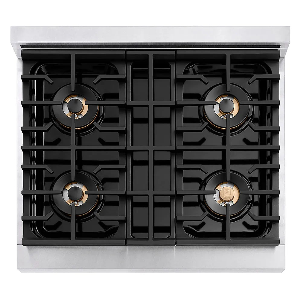 ZLINE Autograph Edition 30 in. 4.2 cu. ft. Paramount Gas Range with 4 Burner DuoPro™ Cooktop and Convection Gas Oven in Satin Stainless Steel and Champagne Bronze Accents (PSGRSZ-30-CB) top-down, above cooktop.