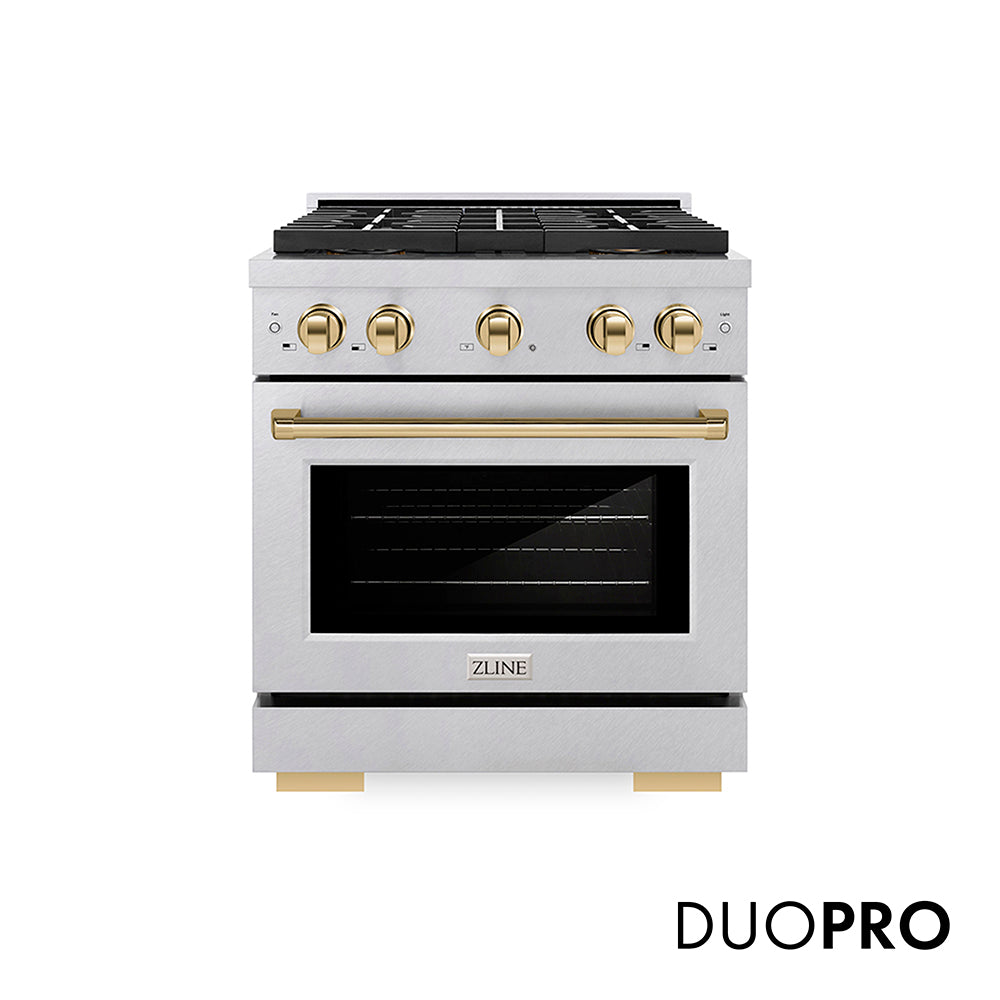 ZLINE Autograph Edition 30 in. 4.2 cu. ft. Paramount Gas Range with 4 Burner DuoPro™ Cooktop and Convection Gas Oven in Satin Stainless Steel and Polished Gold Accents (PSGRSZ-30-G) front, with DuoPro™ logo.