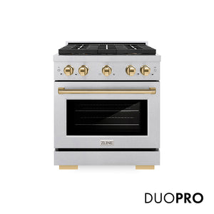 ZLINE Autograph Edition 30 in. 4.2 cu. ft. Paramount Gas Range with 4 Burner DuoPro™ Cooktop and Convection Gas Oven in Satin Stainless Steel and Polished Gold Accents (PSGRSZ-30-G) front, with DuoPro™ logo.