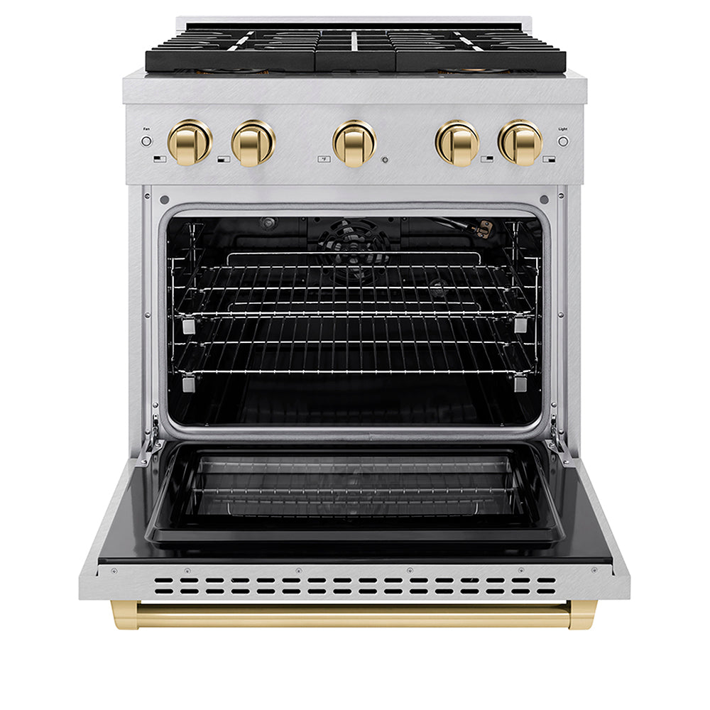 ZLINE Autograph Edition 30 in. 4.2 cu. ft. Paramount Gas Range with 4 Burner DuoPro™ Cooktop and Convection Gas Oven in Satin Stainless Steel and Polished Gold Accents (PSGRSZ-30-G) front, oven open.