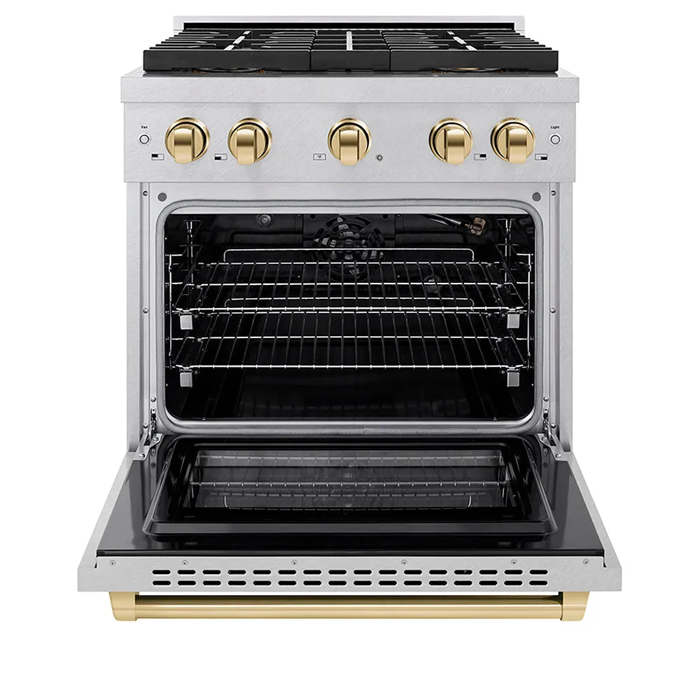 ZLINE Autograph Edition 30 in. 4.2 cu. ft. Paramount Gas Range with 4 Burner DuoPro™ Cooktop and Convection Gas Oven in Satin Stainless Steel and Polished Gold Accents (PSGRSZ-30-G) front, oven open.