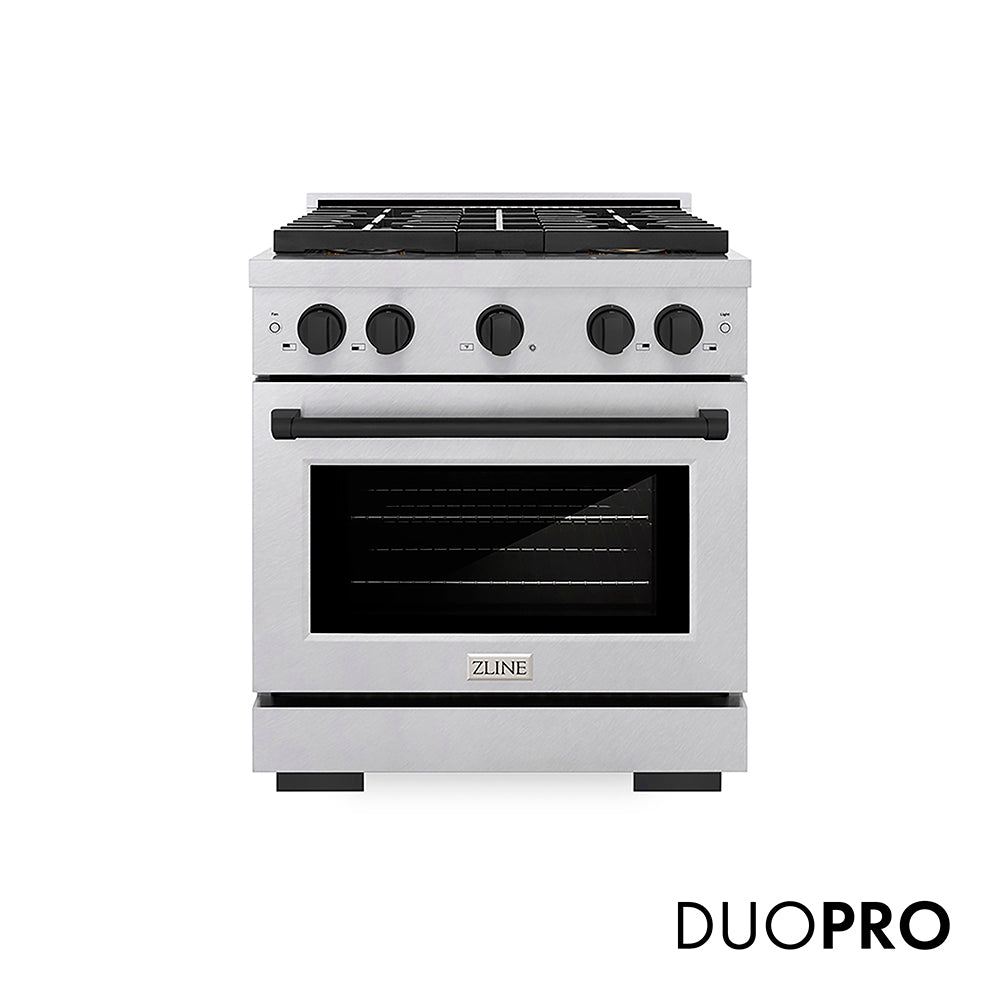 ZLINE Autograph Edition 30 in. 4.2 cu. ft. Paramount Gas Range with 4 Burner DuoPro™ Cooktop and Convection Gas Oven in Satin Stainless Steel and Matte Black Accents (PSGRSZ-30-MB) front, with DuoPro™ logo.