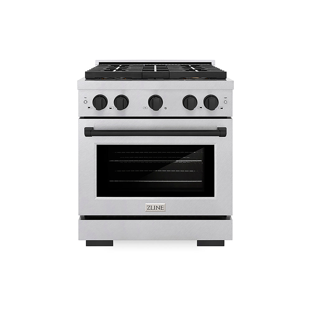 ZLINE Autograph Edition 30 in. 4.2 cu. ft. Paramount Gas Range with 4 Burner DuoPro™ Cooktop and Convection Gas Oven in Satin Stainless Steel and Matte Black Accents (PSGRSZ-30-MB)