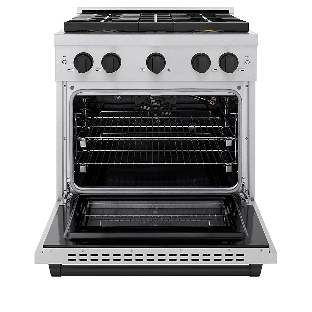 ZLINE Autograph Edition 30 in. 4.2 cu. ft. Paramount Gas Range with 4 Burner DuoPro™ Cooktop and Convection Gas Oven in Satin Stainless Steel and Matte Black Accents (PSGRSZ-30-MB) front, oven open.