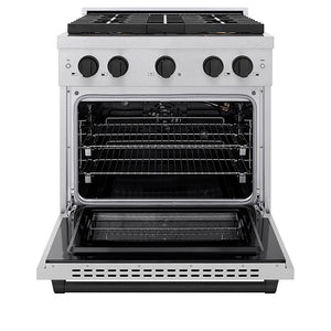 ZLINE Autograph Edition 30 in. 4.2 cu. ft. Paramount Gas Range with 4 Burner DuoPro™ Cooktop and Convection Gas Oven in Satin Stainless Steel and Matte Black Accents (PSGRSZ-30-MB) front, oven open.