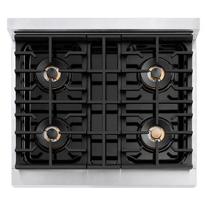 ZLINE Autograph Edition 30 in. 4.2 cu. ft. Paramount Gas Range with 4 Burner DuoPro™ Cooktop and Convection Gas Oven in Satin Stainless Steel and Matte Black Accents (PSGRSZ-30-MB) top-down, above cooktop.