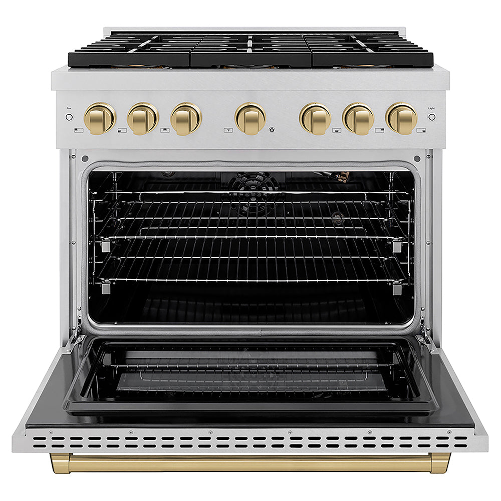 ZLINE Autograph Edition 36 in. 5.2 cu. ft. Paramount Gas Range with 6 Burner DuoPro™ Cooktop and Convection Gas Oven in Satin Stainless Steel and Champagne Bronze Accents (PSGRSZ-36-CB) front, oven open.