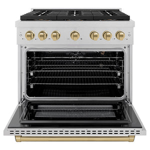 ZLINE Autograph Edition 36 in. 5.2 cu. ft. Paramount Gas Range with 6 Burner DuoPro™ Cooktop and Convection Gas Oven in Satin Stainless Steel and Champagne Bronze Accents (PSGRSZ-36-CB) front, oven open.