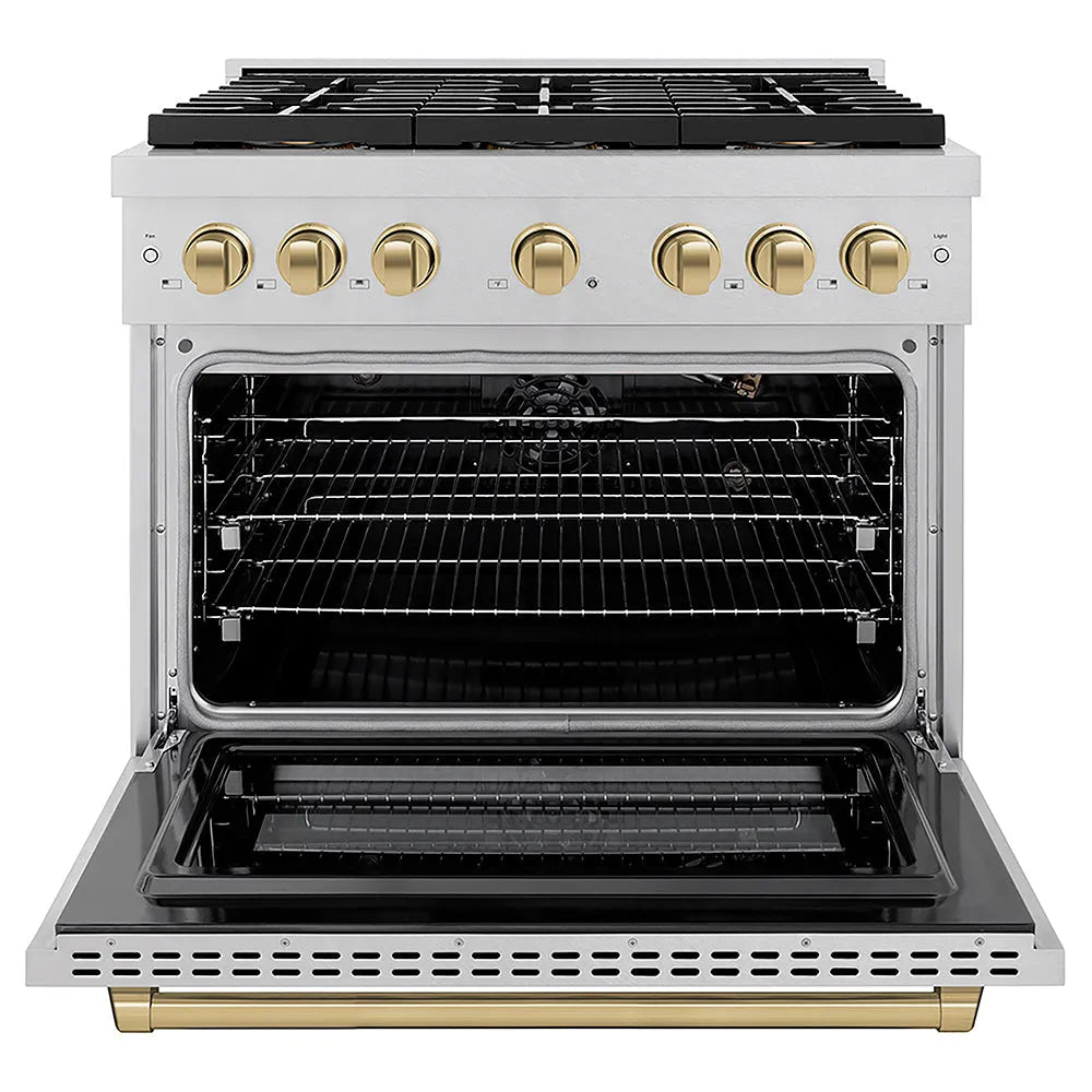 ZLINE Autograph Edition 36 in. 5.2 cu. ft. Paramount Gas Range with 6 Burner DuoPro™ Cooktop and Convection Gas Oven in Satin Stainless Steel and Champagne Bronze Accents (PSGRSZ-36-CB) front, oven open.