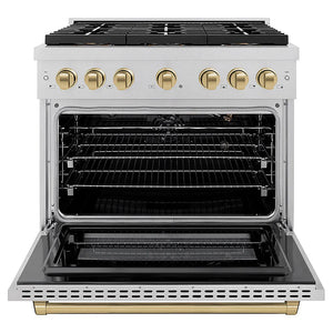ZLINE Autograph Edition 36 in. 5.2 cu. ft. Paramount Gas Range with 6 Burner DuoPro™ Cooktop and Convection Gas Oven in Satin Stainless Steel and Champagne Bronze Accents (PSGRSZ-36-CB) front, oven open.