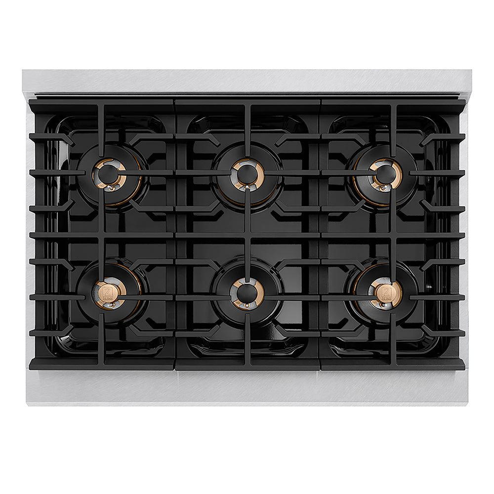 ZLINE Autograph Edition 36 in. 5.2 cu. ft. Paramount Gas Range with 6 Burner DuoPro™ Cooktop and Convection Gas Oven in Satin Stainless Steel and Champagne Bronze Accents (PSGRSZ-36-CB) top-down, above cooktop.