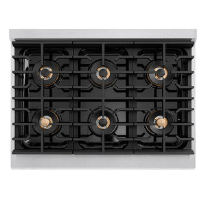 ZLINE Autograph Edition 36 in. 5.2 cu. ft. Paramount Gas Range with 6 Burner DuoPro™ Cooktop and Convection Gas Oven in Satin Stainless Steel and Champagne Bronze Accents (PSGRSZ-36-CB) top-down, above cooktop.