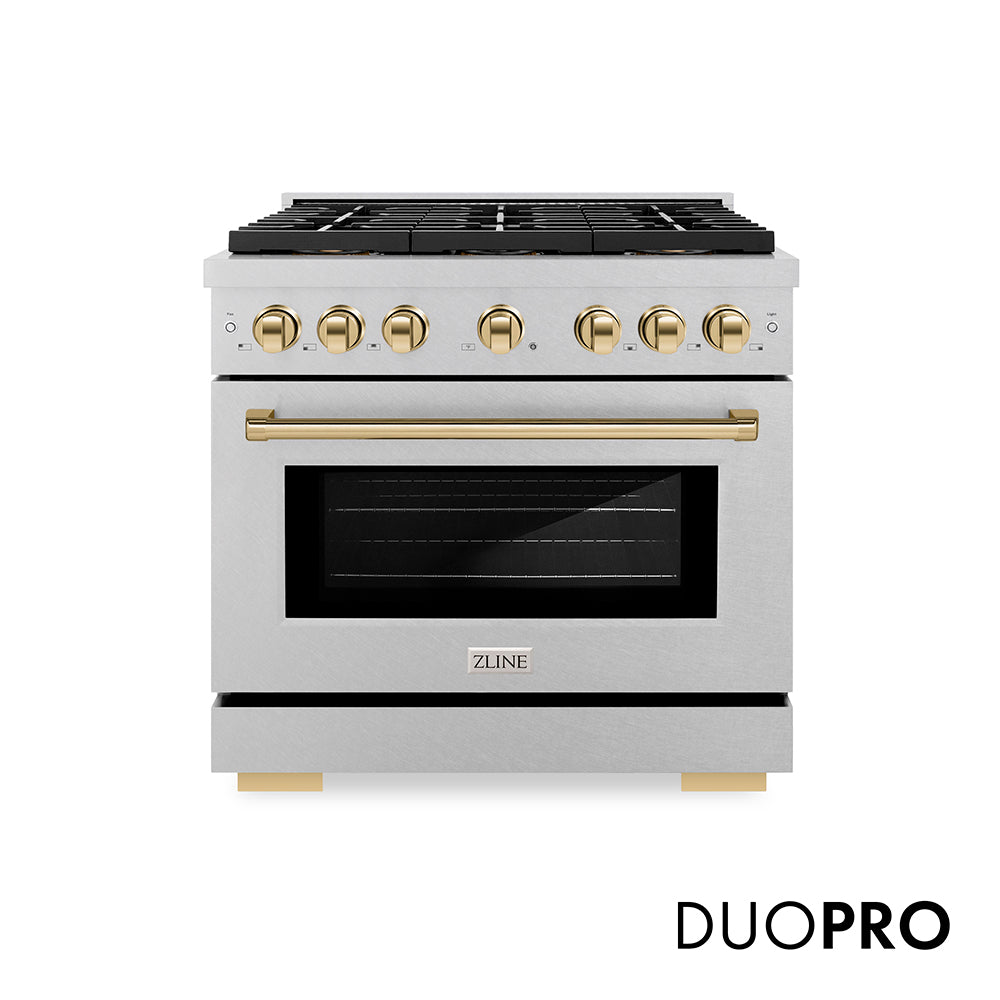 ZLINE Autograph Edition 36 in. 5.2 cu. ft. Paramount Gas Range with 6 Burner DuoPro™ Cooktop and Convection Gas Oven in Satin Stainless Steel and Polished Gold Accents (PSGRSZ-36-G) front, with DuoPro™ logo.