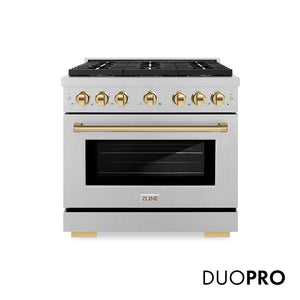 ZLINE Autograph Edition 36 in. 5.2 cu. ft. Paramount Gas Range with 6 Burner DuoPro™ Cooktop and Convection Gas Oven in Satin Stainless Steel and Polished Gold Accents (PSGRSZ-36-G) front, with DuoPro™ logo.