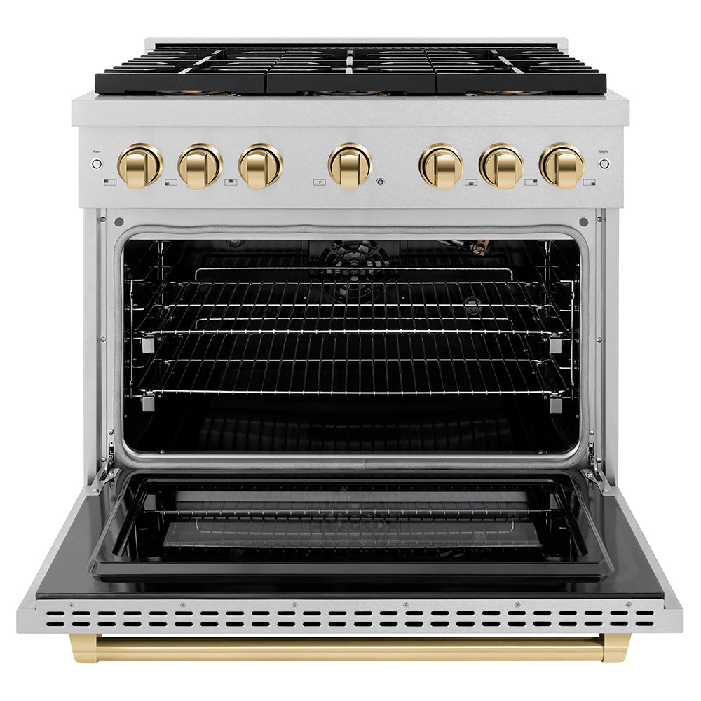 ZLINE Autograph Edition 36 in. 5.2 cu. ft. Paramount Gas Range with 6 Burner DuoPro™ Cooktop and Convection Gas Oven in Satin Stainless Steel and Polished Gold Accents (PSGRSZ-36-G) front, oven open.