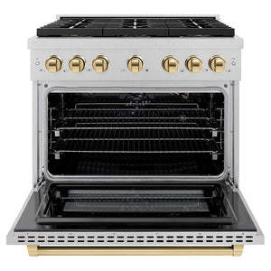 ZLINE Autograph Edition 36 in. 5.2 cu. ft. Paramount Gas Range with 6 Burner DuoPro™ Cooktop and Convection Gas Oven in Satin Stainless Steel and Polished Gold Accents (PSGRSZ-36-G) front, oven open.