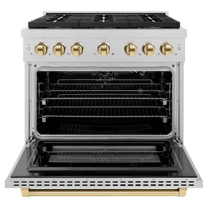 ZLINE Autograph Edition 36 in. 5.2 cu. ft. Paramount Gas Range with 6 Burner DuoPro™ Cooktop and Convection Gas Oven in Satin Stainless Steel and Polished Gold Accents (PSGRSZ-36-G) front, oven open.