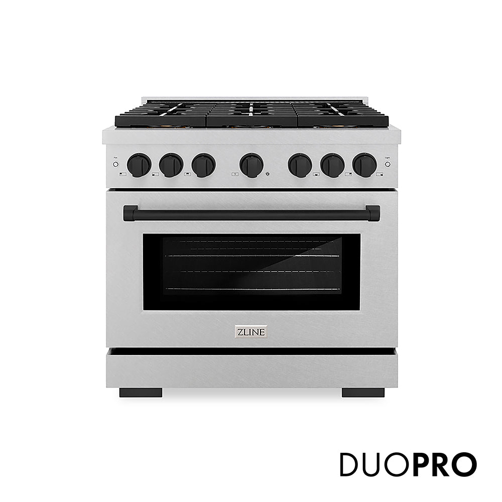 ZLINE Autograph Edition 36 in. 5.2 cu. ft. Paramount Gas Range with 6 Burner DuoPro™ Cooktop and Convection Gas Oven in Satin Stainless Steel and Matte Black Accents (PSGRSZ-36-MB) front, with DuoPro™ logo.
