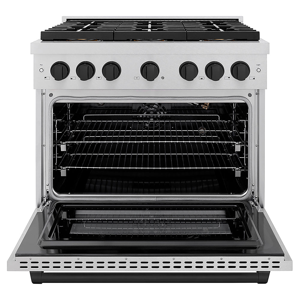 ZLINE Autograph Edition 36 in. 5.2 cu. ft. Paramount Gas Range with 6 Burner DuoPro™ Cooktop and Convection Gas Oven in Satin Stainless Steel and Matte Black Accents (PSGRSZ-36-MB) front, oven open.