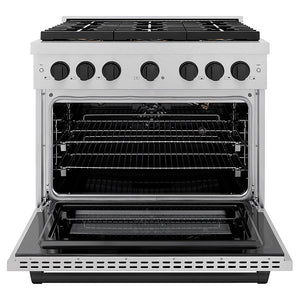 ZLINE Autograph Edition 36 in. 5.2 cu. ft. Paramount Gas Range with 6 Burner DuoPro™ Cooktop and Convection Gas Oven in Satin Stainless Steel and Matte Black Accents (PSGRSZ-36-MB) front, oven open.
