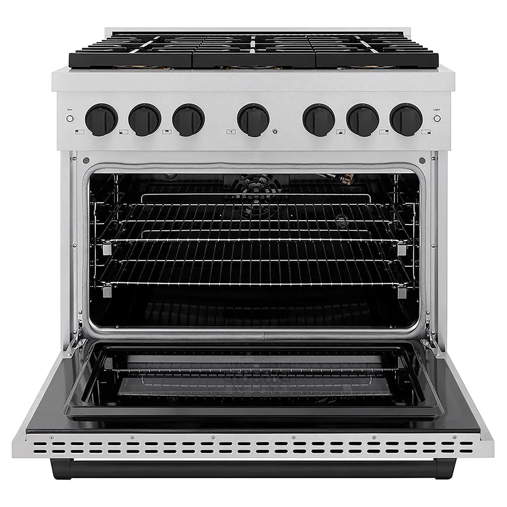 ZLINE Autograph Edition 36 in. 5.2 cu. ft. Paramount Gas Range with 6 Burner DuoPro™ Cooktop and Convection Gas Oven in Satin Stainless Steel and Matte Black Accents (PSGRSZ-36-MB) front, oven open.