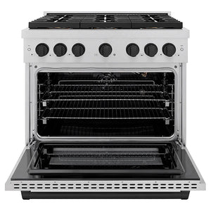 ZLINE Autograph Edition 36 in. 5.2 cu. ft. Paramount Gas Range with 6 Burner DuoPro™ Cooktop and Convection Gas Oven in Satin Stainless Steel and Matte Black Accents (PSGRSZ-36-MB) front, oven open.