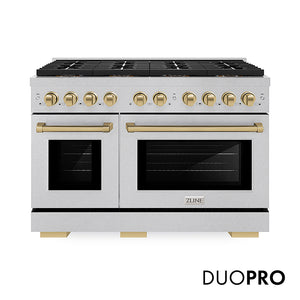 ZLINE Autograph Edition 48 in. 6.7 cu. ft. Paramount Gas Range with 8 Burner DuoPro™ Cooktop and Dual Ovens in Satin Stainless Steel and Champagne Bronze Accents (PSGRSZ-48-CB) front, with DuoPro™ logo.