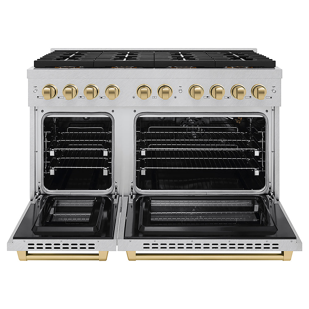 ZLINE Autograph Edition 48 in. 6.7 cu. ft. Paramount Gas Range with 8 Burner DuoPro™ Cooktop and Dual Ovens in Satin Stainless Steel and Champagne Bronze Accents (PSGRSZ-48-CB) front, oven open.