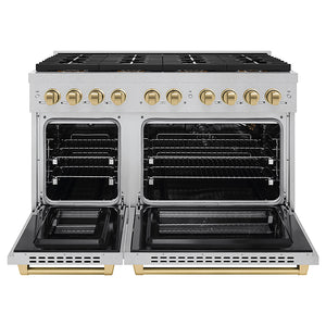 ZLINE Autograph Edition 48 in. 6.7 cu. ft. Paramount Gas Range with 8 Burner DuoPro™ Cooktop and Dual Ovens in Satin Stainless Steel and Champagne Bronze Accents (PSGRSZ-48-CB) front, oven open.