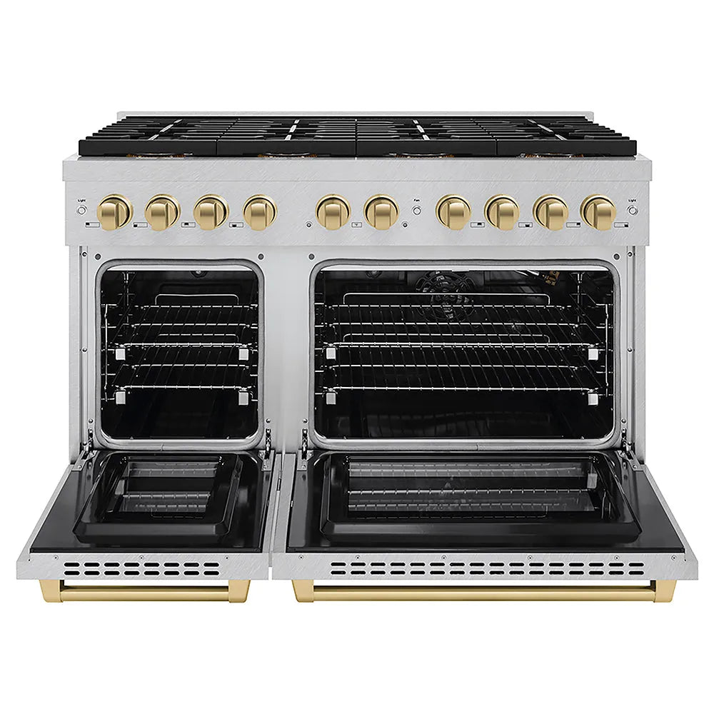 ZLINE Autograph Edition 48 in. 6.7 cu. ft. Paramount Gas Range with 8 Burner DuoPro™ Cooktop and Dual Ovens in Satin Stainless Steel and Champagne Bronze Accents (PSGRSZ-48-CB) front, oven open.