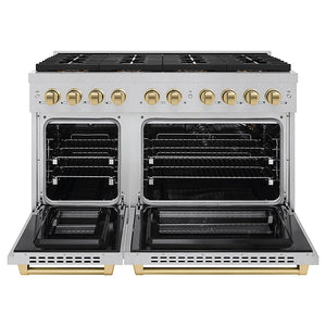 ZLINE Autograph Edition 48 in. 6.7 cu. ft. Paramount Gas Range with 8 Burner DuoPro™ Cooktop and Dual Ovens in Satin Stainless Steel and Champagne Bronze Accents (PSGRSZ-48-CB) front, oven open.