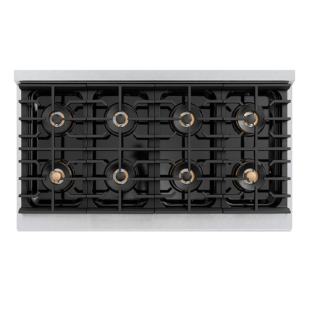 ZLINE Autograph Edition 48 in. 6.7 cu. ft. Paramount Gas Range with 8 Burner DuoPro™ Cooktop and Dual Ovens in Satin Stainless Steel and Champagne Bronze Accents (PSGRSZ-48-CB) top-down, above cooktop.