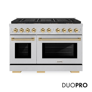 ZLINE Autograph Edition 48 in. 6.7 cu. ft. Paramount Gas Range with 8 Burner DuoPro™ Cooktop and Dual Ovens in Satin Stainless Steel and Polished Gold Accents (PSGRSZ-48-G) front, with DuoPro™ logo.
