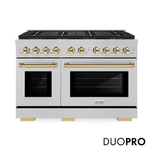 ZLINE Autograph Edition 48 in. 6.7 cu. ft. Paramount Gas Range with 8 Burner DuoPro™ Cooktop and Dual Ovens in Satin Stainless Steel and Polished Gold Accents (PSGRSZ-48-G) main image.