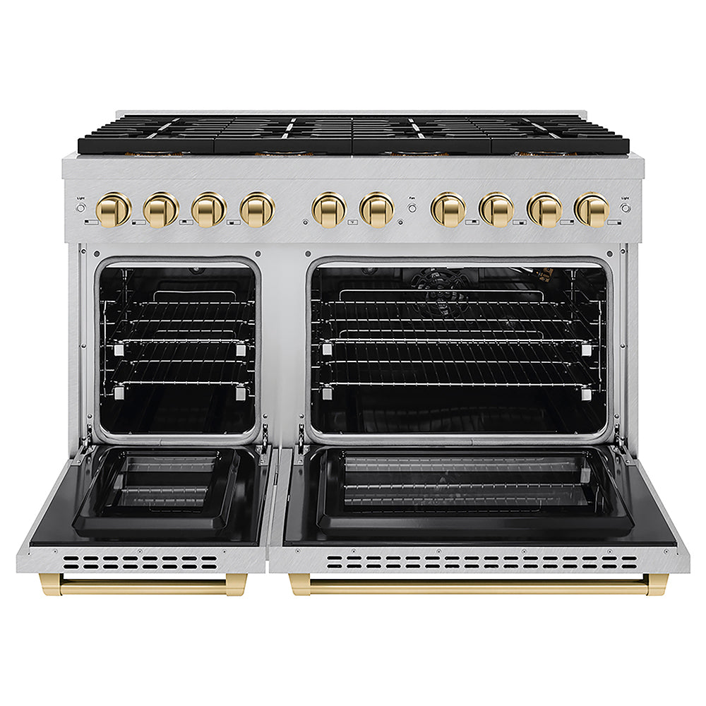 ZLINE Autograph Edition 48 in. 6.7 cu. ft. Paramount Gas Range with 8 Burner DuoPro™ Cooktop and Dual Ovens in Satin Stainless Steel and Polished Gold Accents (PSGRSZ-48-G) front, oven open.