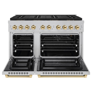 ZLINE Autograph Edition 48 in. 6.7 cu. ft. Paramount Gas Range with 8 Burner DuoPro™ Cooktop and Dual Ovens in Satin Stainless Steel and Polished Gold Accents (PSGRSZ-48-G) front, oven open.