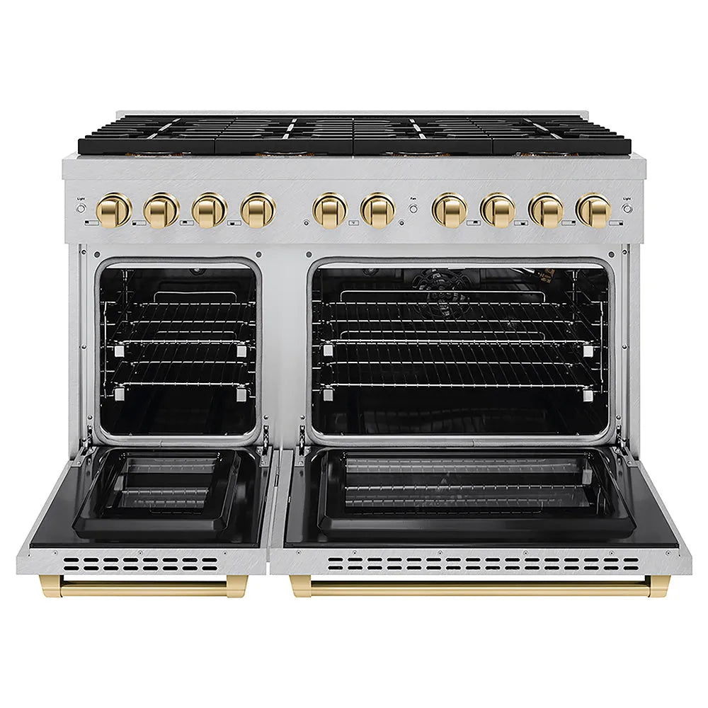 ZLINE Autograph Edition 48 in. 6.7 cu. ft. Paramount Gas Range with 8 Burner DuoPro™ Cooktop and Dual Ovens in Satin Stainless Steel and Polished Gold Accents (PSGRSZ-48-G) front, oven open.