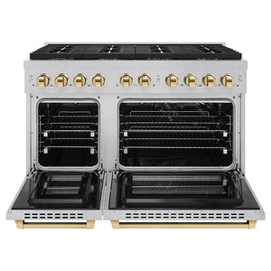 ZLINE Autograph Edition 48 in. 6.7 cu. ft. Paramount Gas Range with 8 Burner DuoPro™ Cooktop and Dual Ovens in Satin Stainless Steel and Polished Gold Accents (PSGRSZ-48-G) front, oven open.