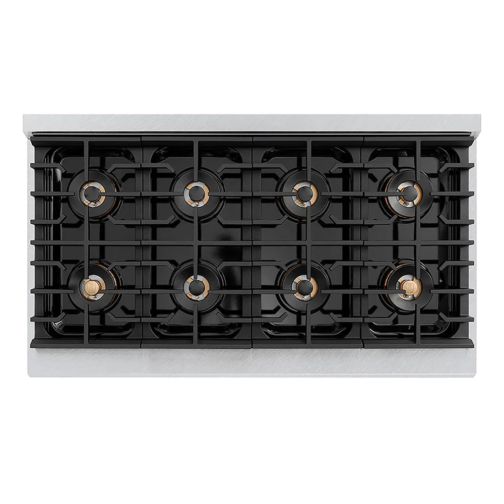 ZLINE Autograph Edition 48 in. 6.7 cu. ft. Paramount Gas Range with 8 Burner DuoPro™ Cooktop and Dual Ovens in Satin Stainless Steel and Polished Gold Accents (PSGRSZ-48-G) top-down, above cooktop.